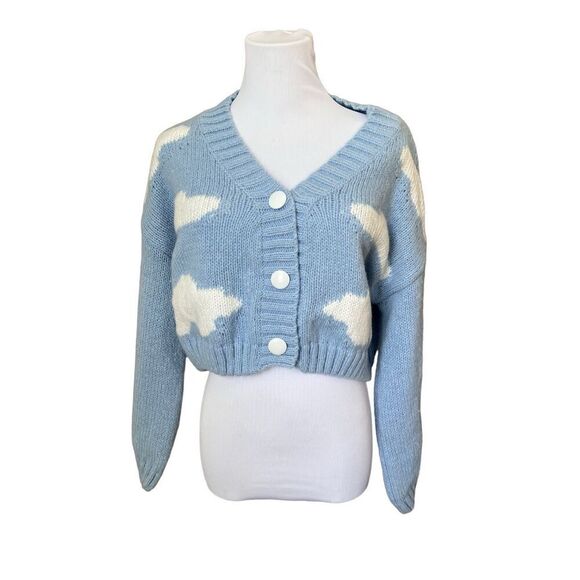 SHEIN Clouds Sky Cropped Sweater Cardigan Blue Fuzzy Sz Small (4) - Picture 1 of 10